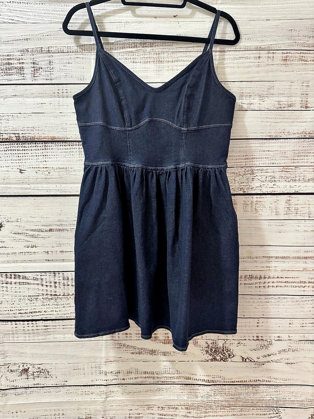 Express Dark Wash Denim Sweetheart Corset Fit and Flare Mini Dress with Pockets